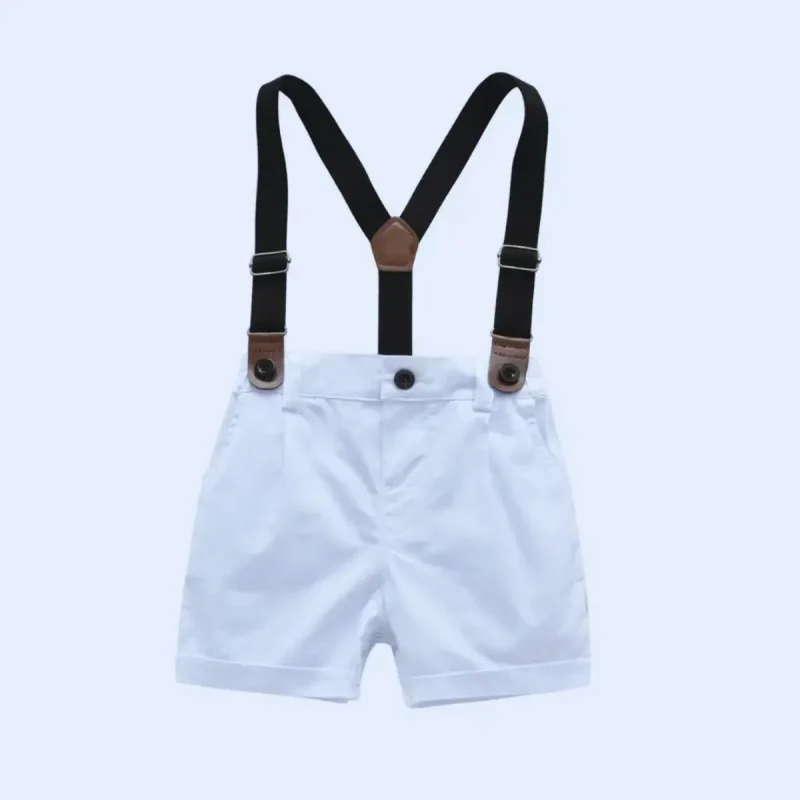 Svečani fantovski komplet s srajčko, metuljčkom, naramnicami in hlačami v modri barvi