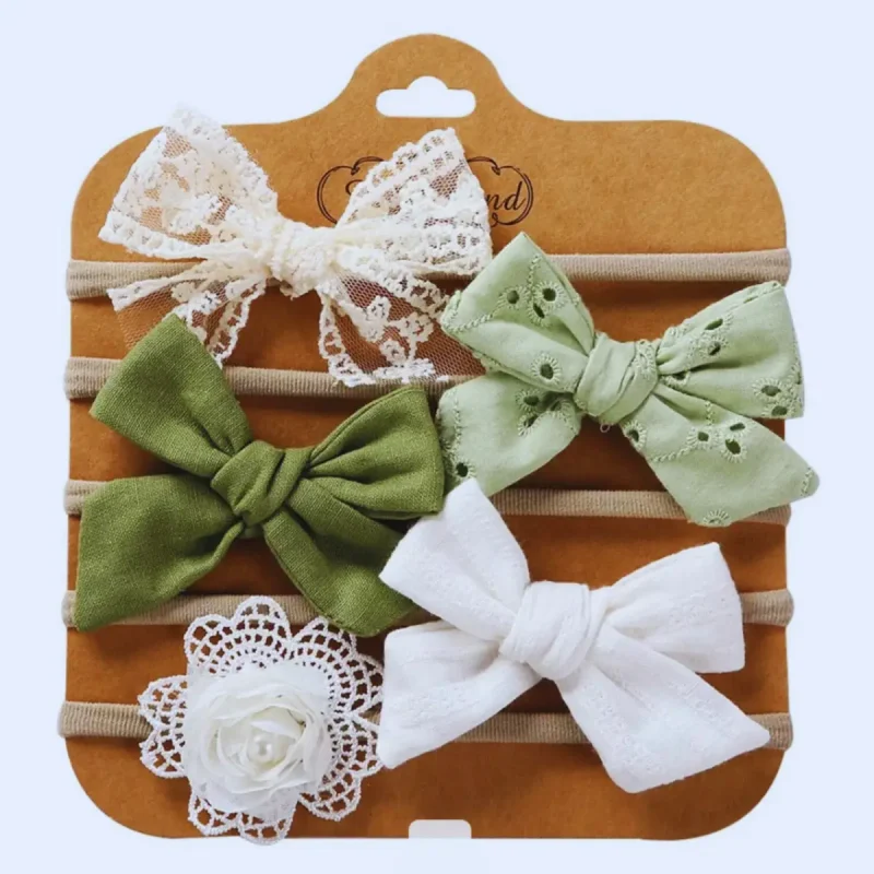 Komplet 5 dekorativnih naglavnih trakov za punčke – zelena barva.